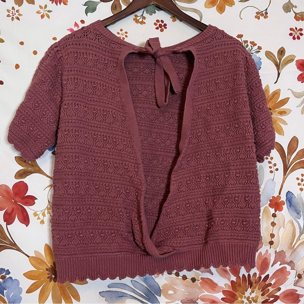 Women’s XL Dusty Rose Red Open Back Cropped Fall Spring Short Sleeve Sweater